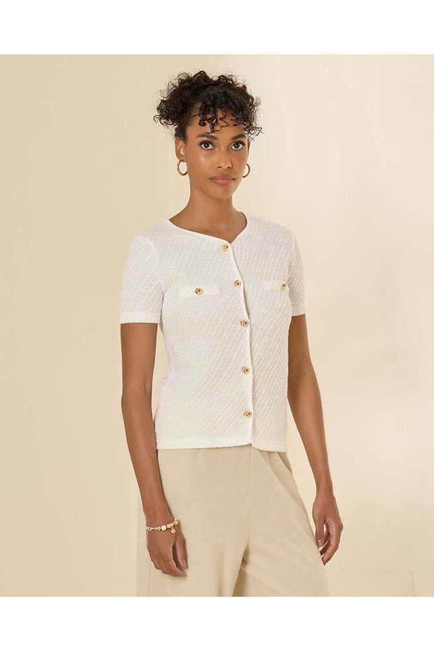 Women Ivory Textured Top With Gold Button Detail
