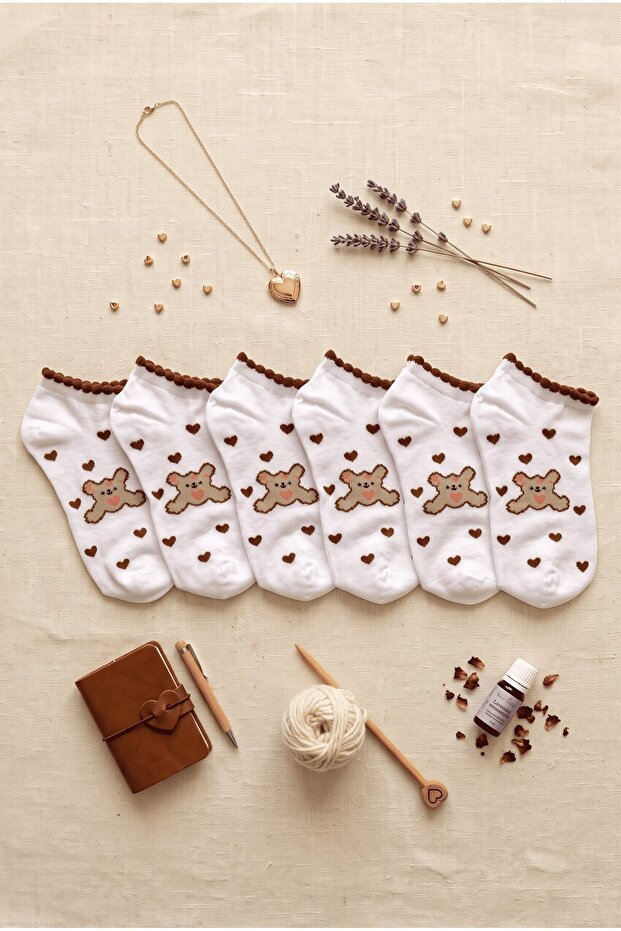 Women's White 6-Piece Booties Socks Set with Teddy Bear Heart Figure
