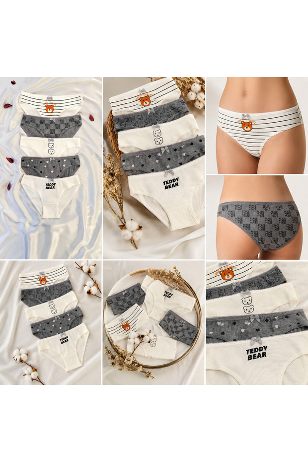 Women's Cotton Ribbed Slip Panties 5-Pack with Teddy Bear Pattern