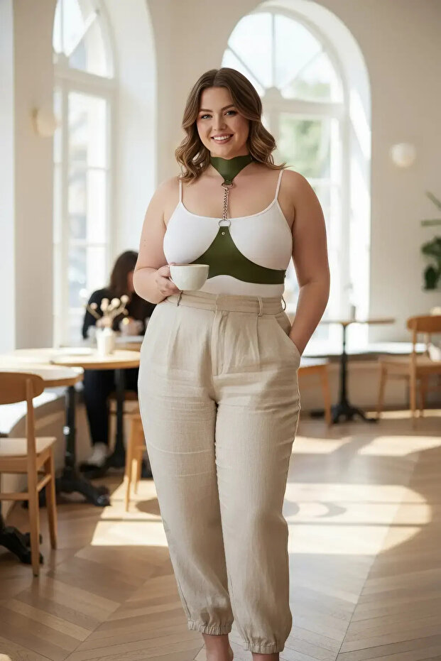 Plus Size Khaki Women's Belt Leather Harness Chain Detailed Body Accessory