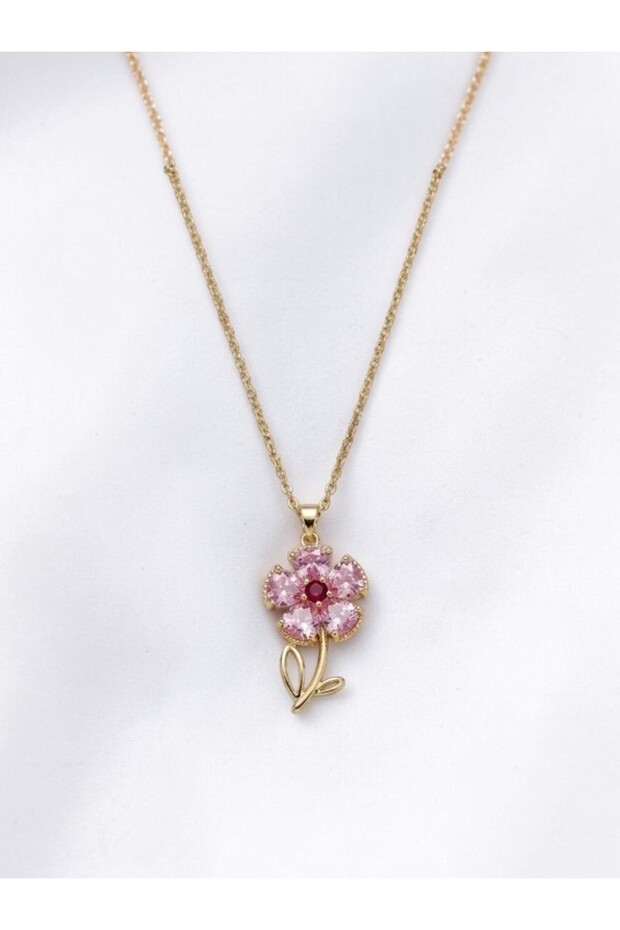 Women's Gold Color Pink Crystal Stone Detailed Flower Model Thin Chain Necklace
