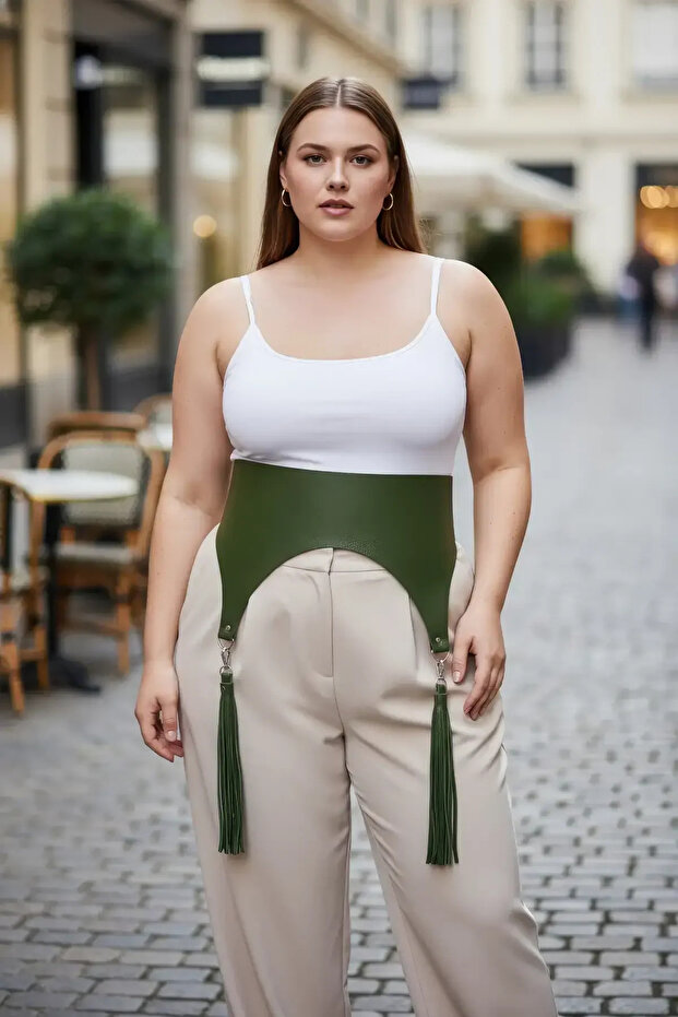 Plus Size Khaki Women's Belted Corset Style with Tassel Detail