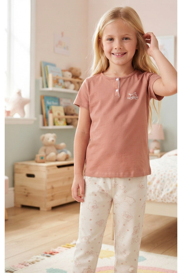 Girl's 100% Cotton Compact Combed Cotton Buttoned Crew Neck Pajama Set