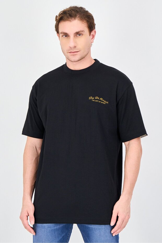Men Crew Neck Short Sleeve Embroidered Logo T-Shirt, Black