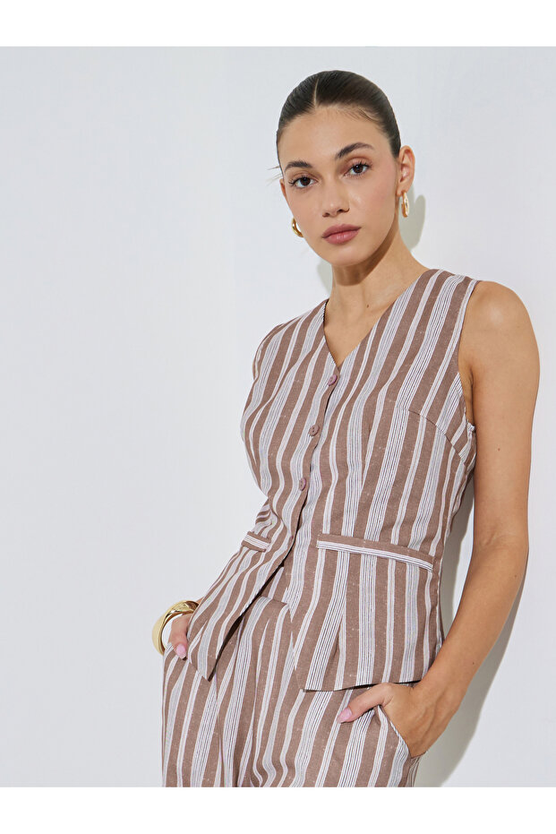 Brown Sleeveless Striped Waistcoat