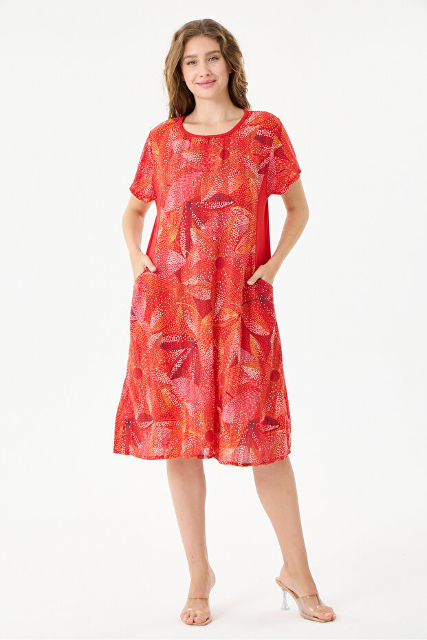 Red Italian Floral Patterned Double Side Pocket Dress 38 - 44 Size