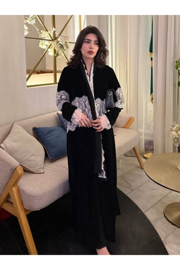 Abaya Set With Lace Trim and Front Opening Abaya (Comes with a Matching Headscarf)