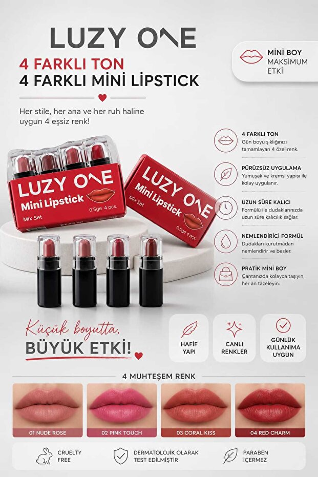 Nariba 4-Piece Mini Lipstick Set | 4 Different Tones | Mini Lipstick Mix Set 4 X 0.5 g