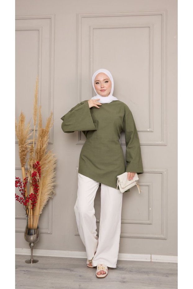 Khaki 100% Linen Asymmetrical Cut Tunic with Tie at the Back | Wide Sleeve Natural Cotton Oversize Casual Hijab Tunic | Comfortable and Stylish Women's Tops