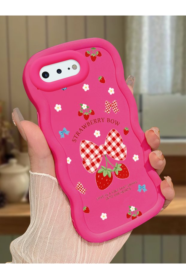 iPhone 7 Plus Compatible Case Camera Protector Red Silicone Couple Phone Case Strawberry Pattern