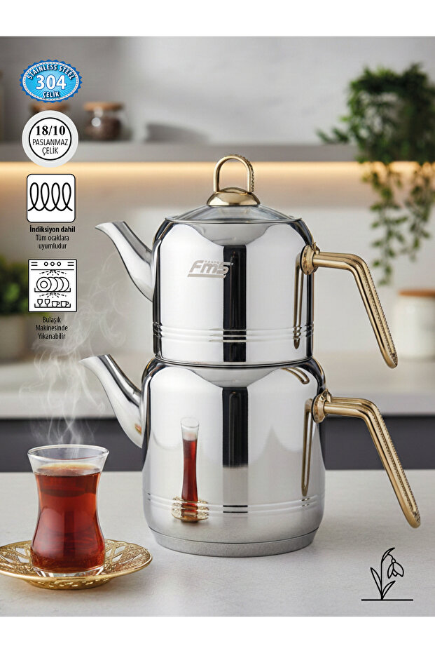 Cylinder Diamond Handle Mini Size Gold | 18/10 Stainless Steel Tea Kettle | Induction Base | 0.85 L + 1.25 L |