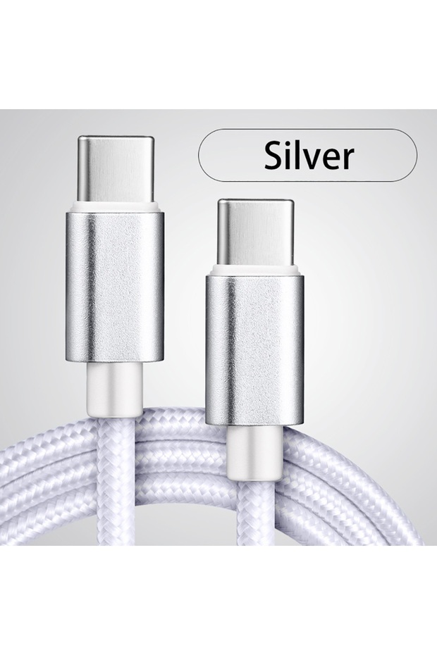 كابل USB-C إلى C مجدول من النايلون بطول 3 متر، فضي اللون، 66 واط، شحن سريع، متوفر بأطوال 1 متر و2 متر و3 متر، مناسب لآيفون 15 و16 و17 برو ماكس وS24