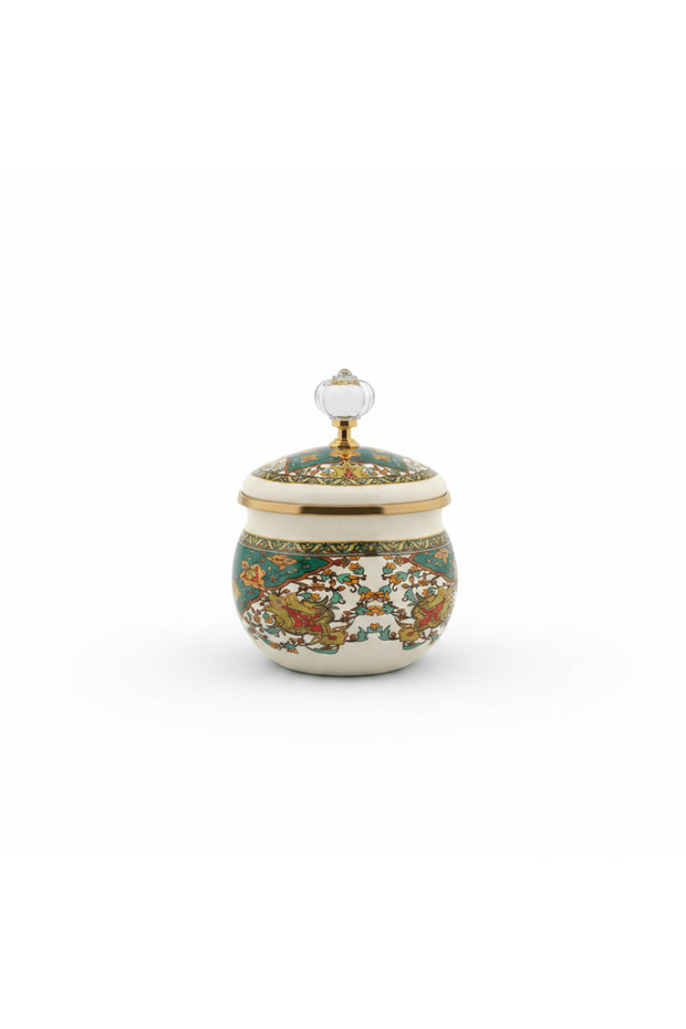 Cream Enamel Candy Bowl with Ornate Floral Design & lid - 9 cm