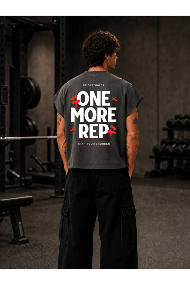 Gym Sporcu One More Rep Printed Oversize Worker Boxy Fit Sleeveless Crew Neck T-Shirt