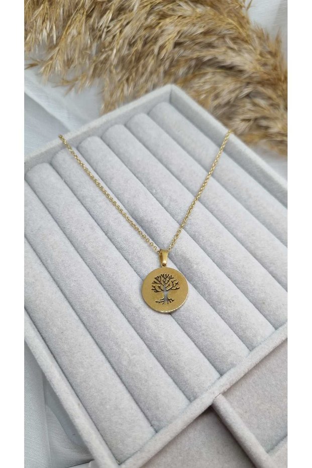 Women's Gold Color Tree of Life Figured Plate Necklace - Round Openwork Cut Steel Accessory