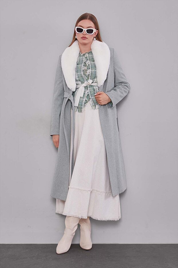 Mint Green Fur Collared Cashmere Coat