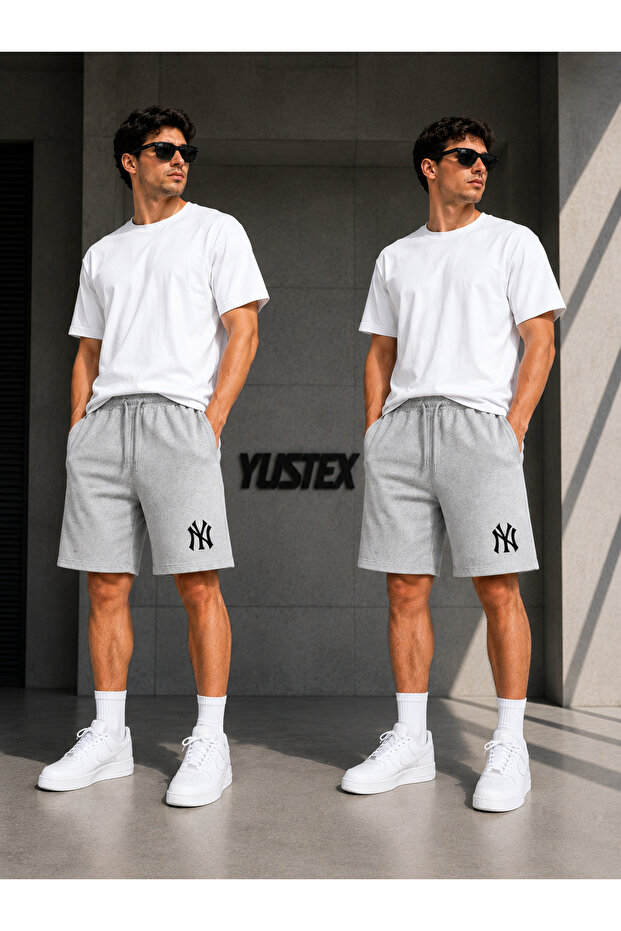 2-Piece Shorts Men's Ny Printed (Gray-Grey) Basic Summer Shorts Set - Above Knee Comfortable Fit 2-Piece Economic Package
