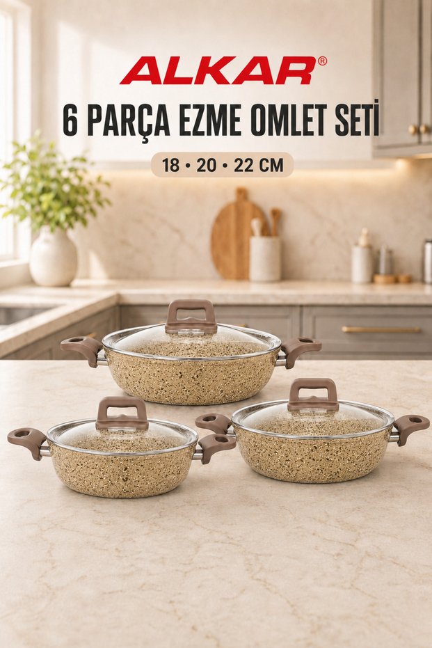 6 Piece Granite Crushed Glass Covered Sahan Omelet Set 18-20-22 cm Beige