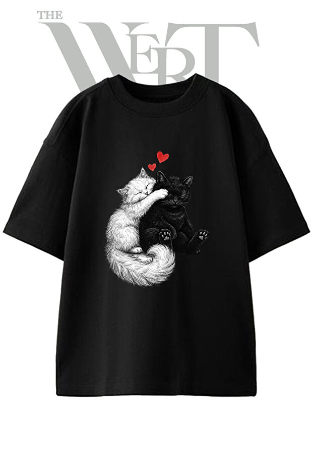 Ask Cats Design Printed Unisex Black Oversize T-Shirt