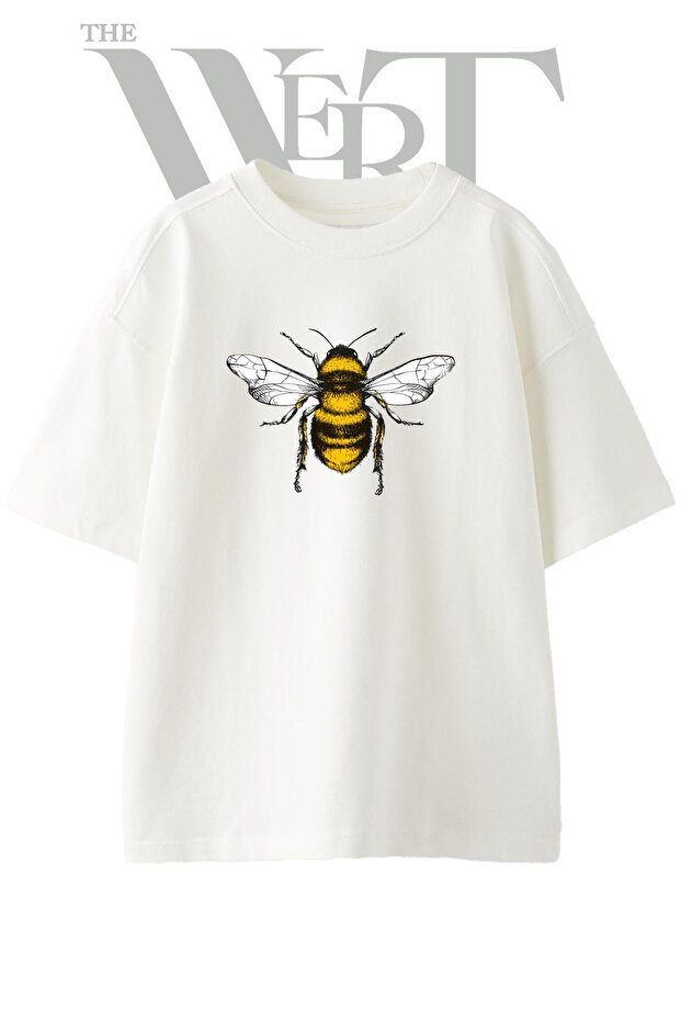 Bumblebee Design Printed Unisex White Oversize T-Shirt