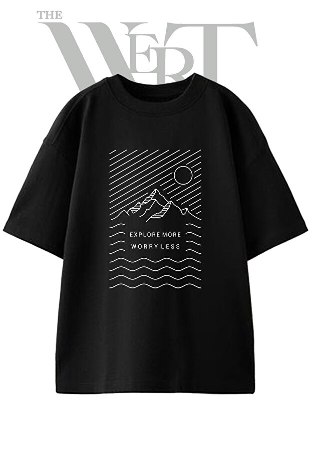 Minimalist Nature Design Printed Unisex Black Oversize T-Shirt