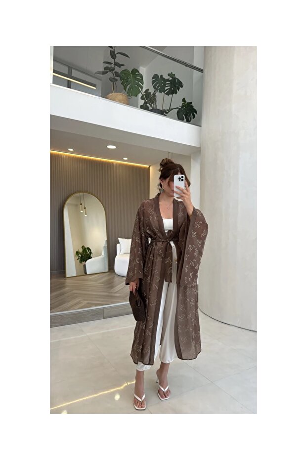Linen Embroidered Belted Long Kimono