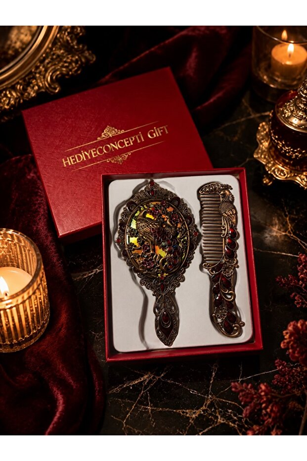 Luxury Gift Boxed Ottoman Palace Collection Antique Copper Stone Embroidered Hand Mirror and Comb Set