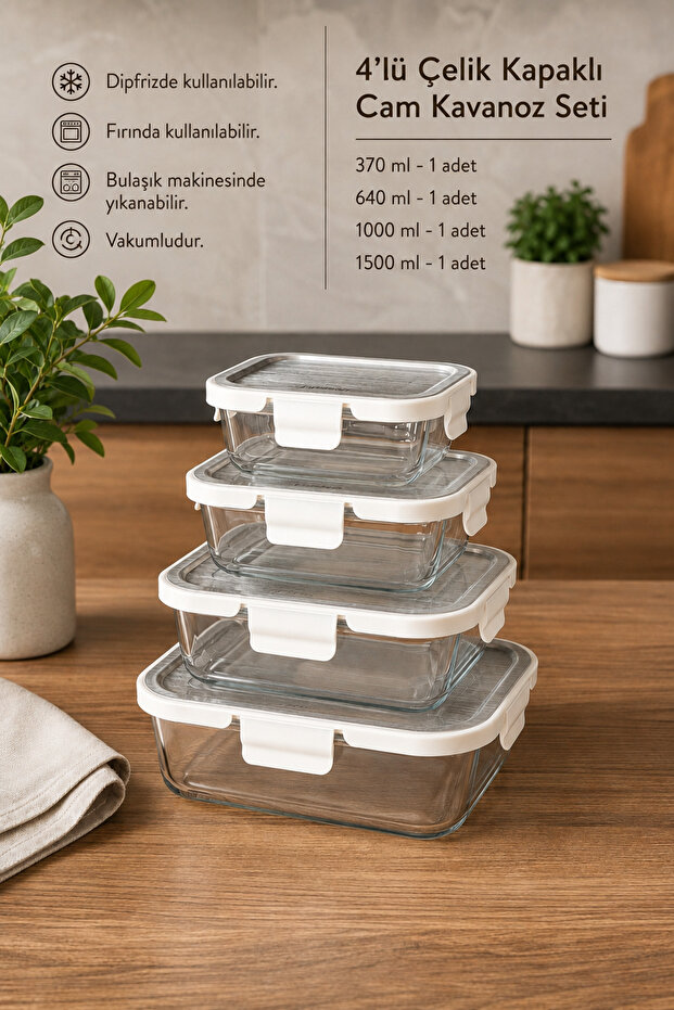 Set of 4 Vacuum Glass Storage Containers with Steel Lids Rectangular Glass - Oven, Freezer, Microwave Compatible