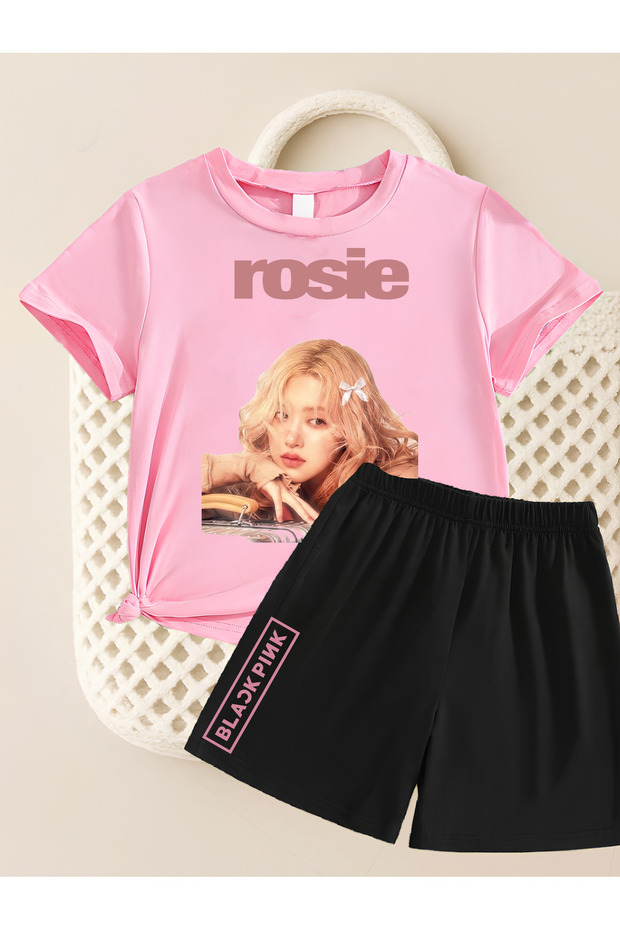 Rose from Blackpink K-Pop Printed Cotton Short Sleeved Children's Tshirt-Shorts Two-Piece Set