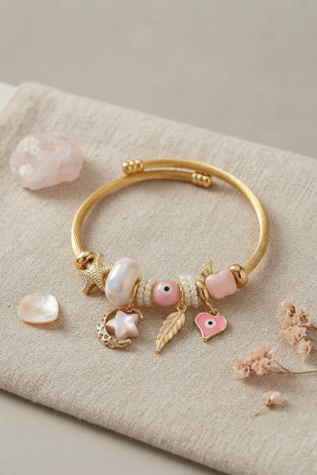Moon Star and Heart Model Pink Charm Women's Bracelet -