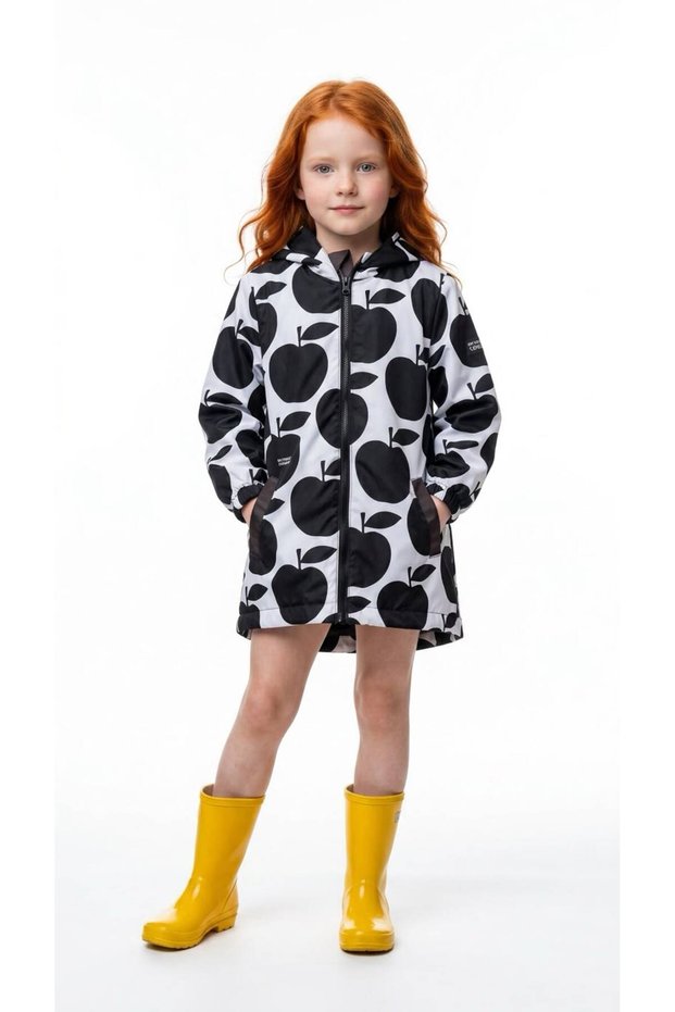 Girl's Apple Patterned Hooded Raincoat Windbreaker Lined