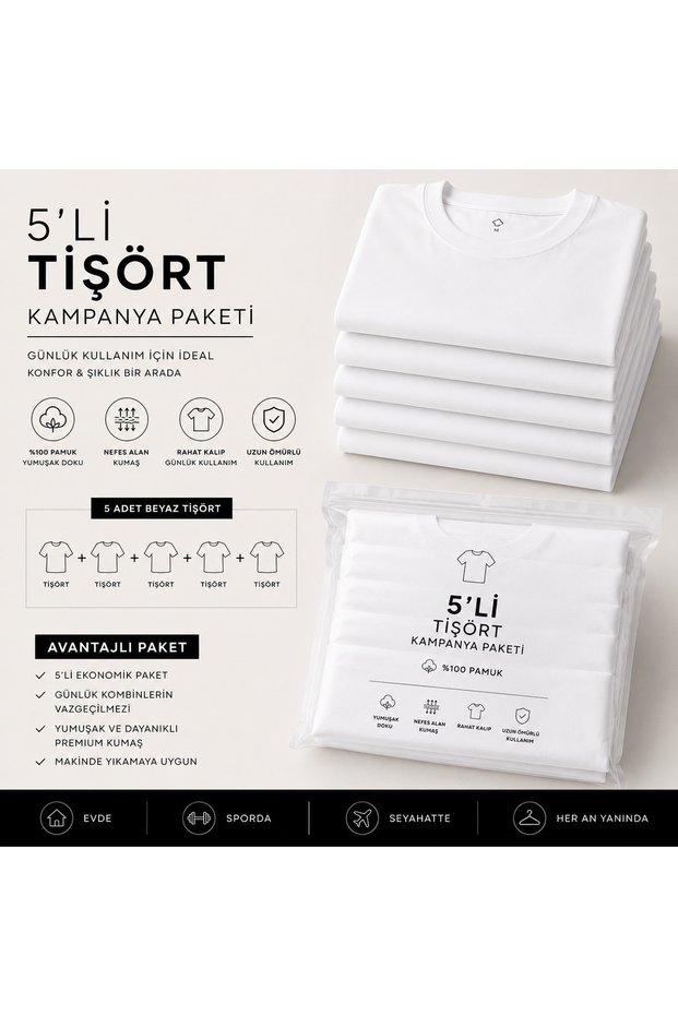 Men's 5-Piece Basic Regular Fit T-Shirt Set 100% Cotton Crew Neck White Color