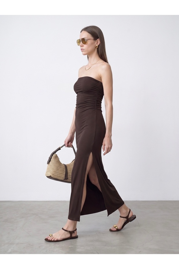 91639 Strapless Slit Detailed Dress-Dark Brown