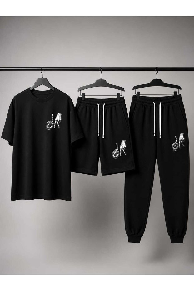 T-Shirt, Sweatpants, Shorts 3-Piece Combination Thin Summer Sweat-Absorbing Finger Printed Women's / Men's Unisex Model