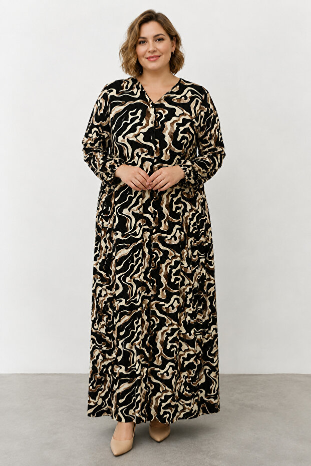Floral Patterned Buttoned High Neck Maxi Length Relaxed Fit Dress Y26.1688-Black
