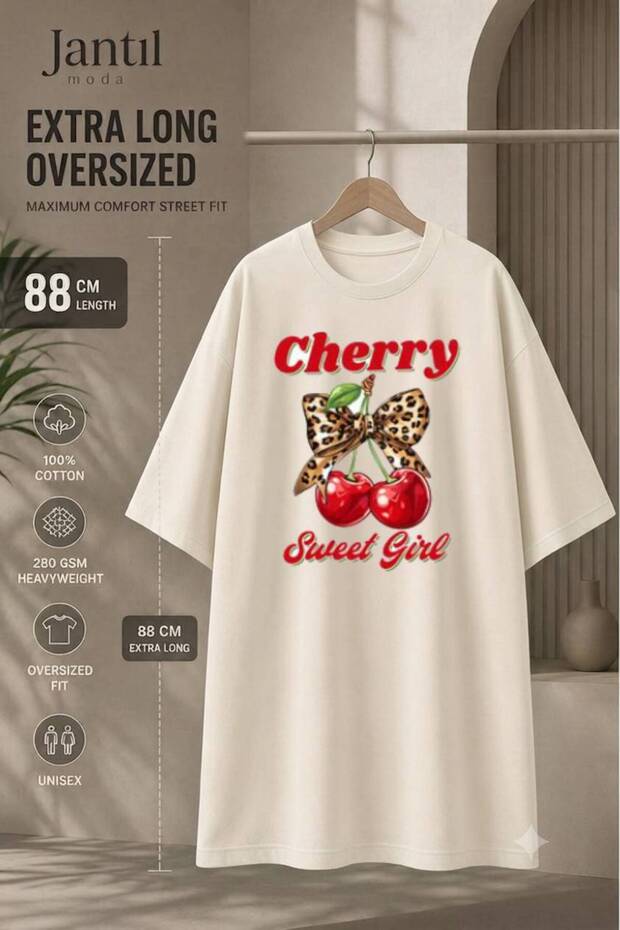 Crew Neck Leopard Bow Cherry and Sweet Girl Written Extra Long Oversize Tunic T-Shirt Short Sleeve