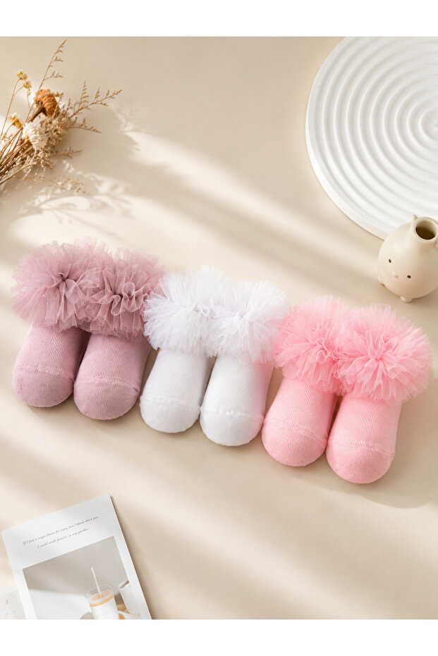 3-Piece Baby Girl Sock Set with Tulle and Soft Cotton Design