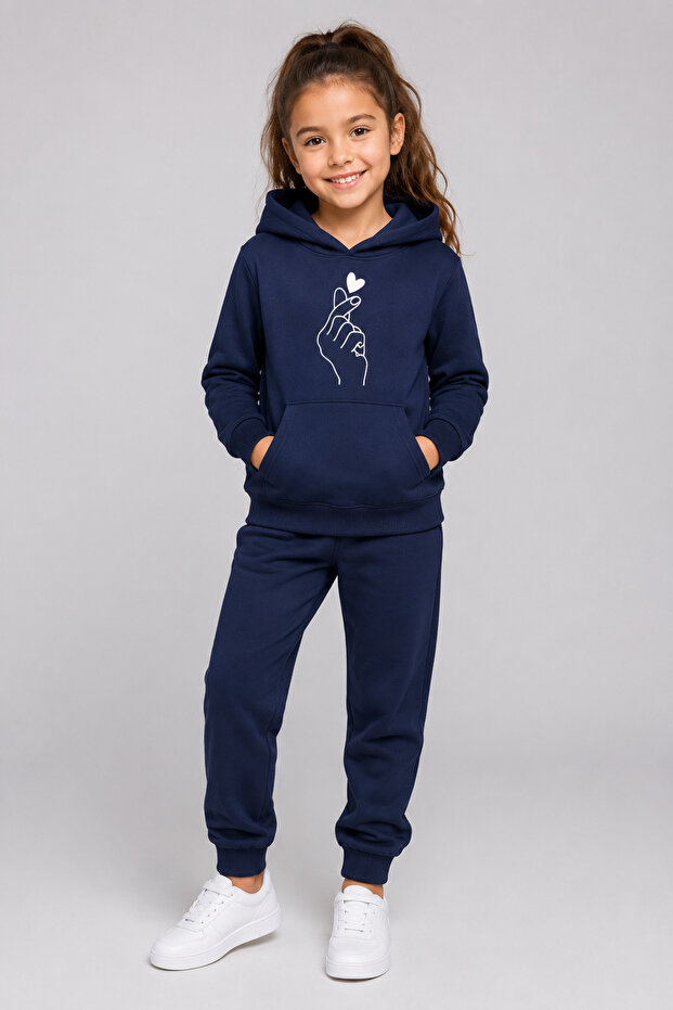 Hooded Heart Printed Kangaroo Pocket 2-Thread Seasonal Unisex Children's Tracksuit Set