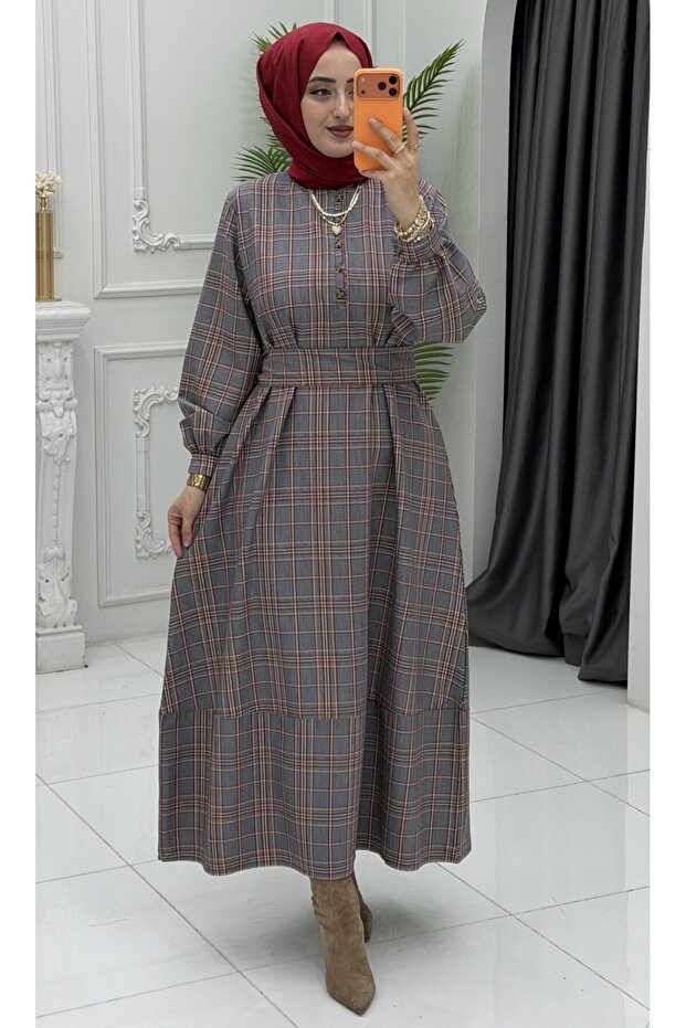 Plaid Dress Gray Women's Stylish Checkered Dress New Season Daily Combination
