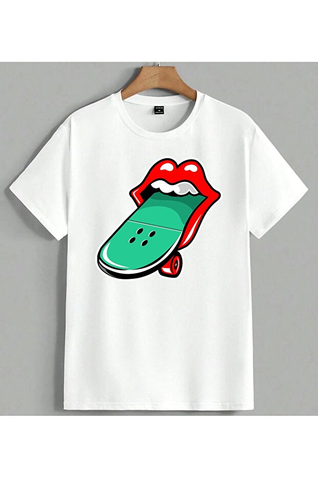 Red Lip Green Skate Pop Printed Unisex Oversize T-Shirt White