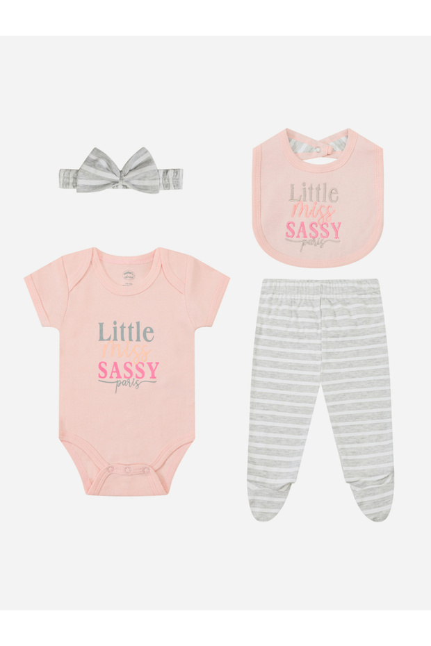 Pack of 4 - Baby Cotton Frill Sleeve Bodysuit and Footed Leggings, with Bib and Headband 0-9 M
