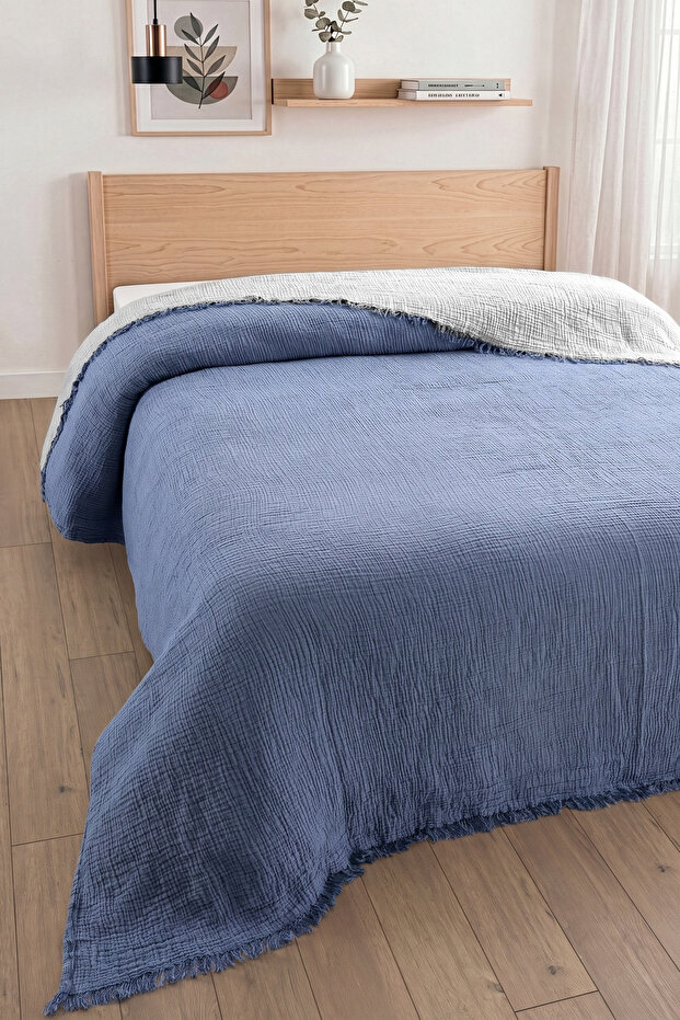 4 Layer Muslin Bedspread - 100% Cotton, Double-Sided Muslin Pique - 240X260 cm - Indigo