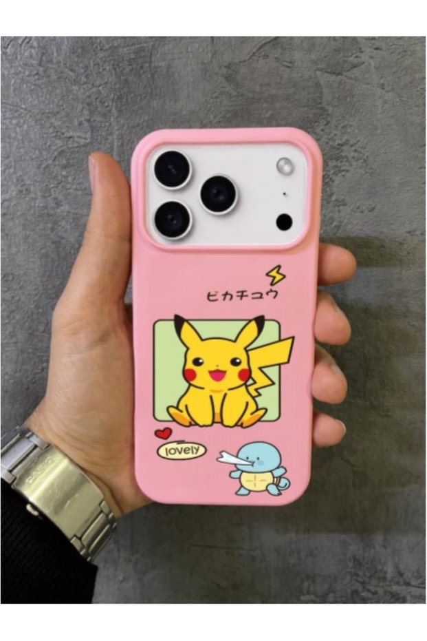 iPhone 17 Pro Max Compatible Pink Case with Pikachu and Squirtle Figures