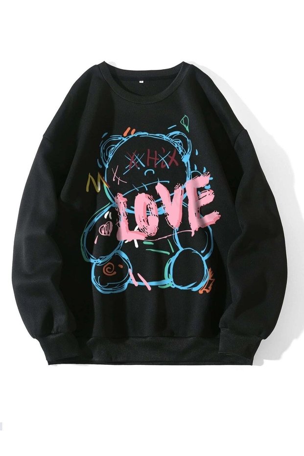 Women's Black Love Bear Printed Oversize Crew Neck Sweatshirt