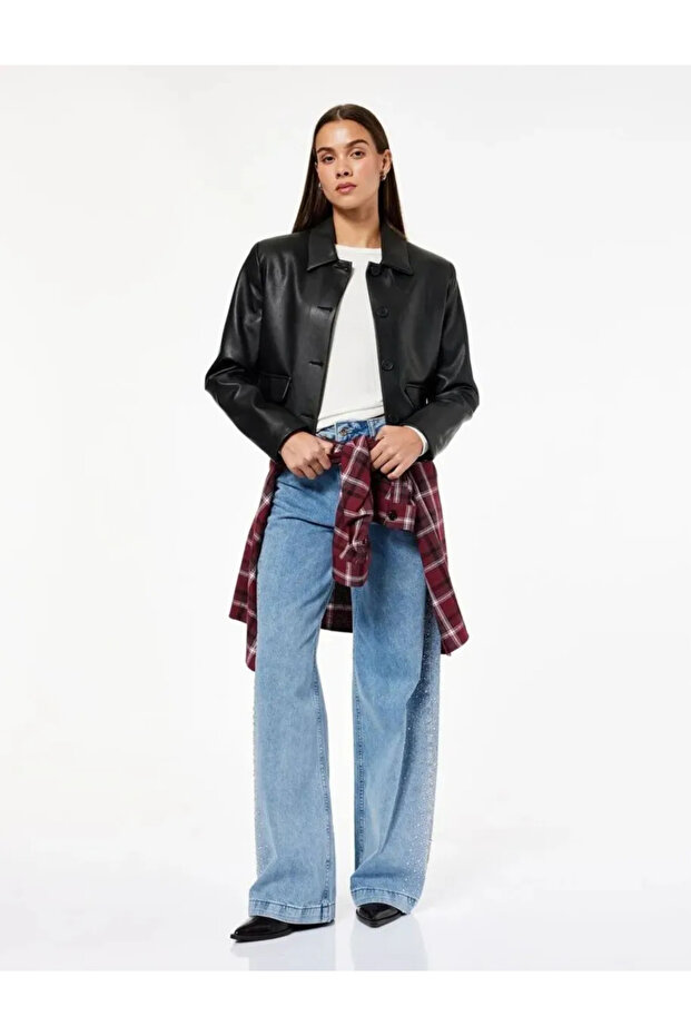 Cotton Regular Waist Wide Leg Jeans with Stone Detail - Wide Leg Jeans - Medium Indigo