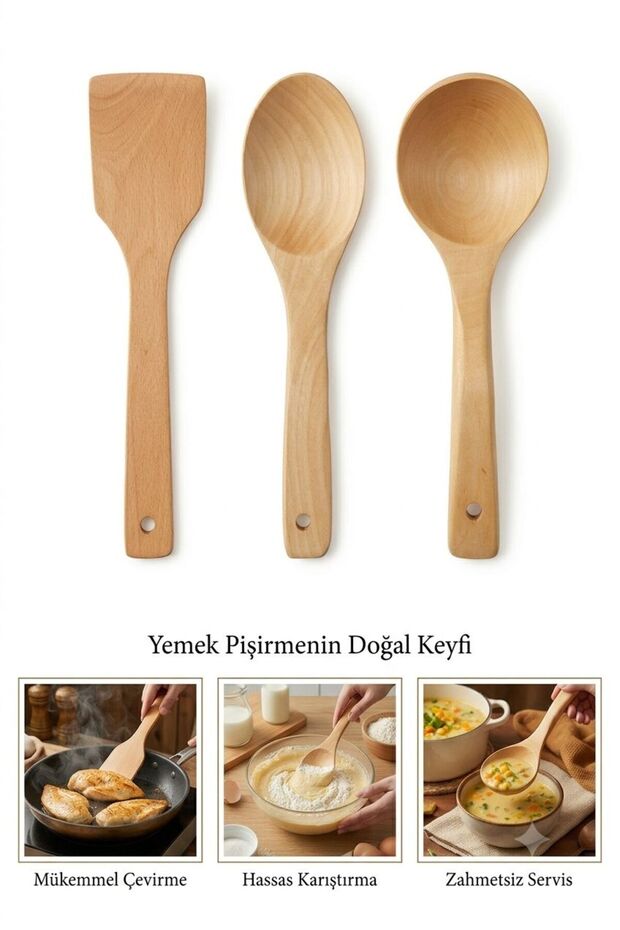 3-Piece Natural Wooden Spoon Set - Wooden Spatula, Mixing Spoon, Soup Ladle Kitchen Utensil Set