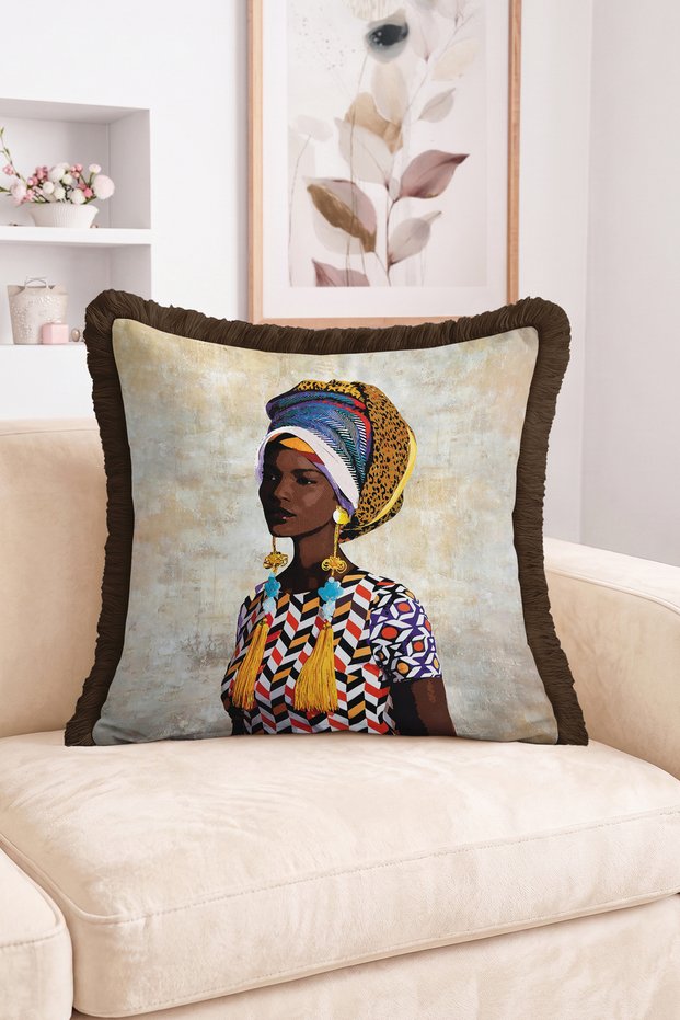 Colorful Headscarf Woman Portrait Geometric Pattern Fringed Throw Pillow Cover - Bohemian Decorative Pillowcase