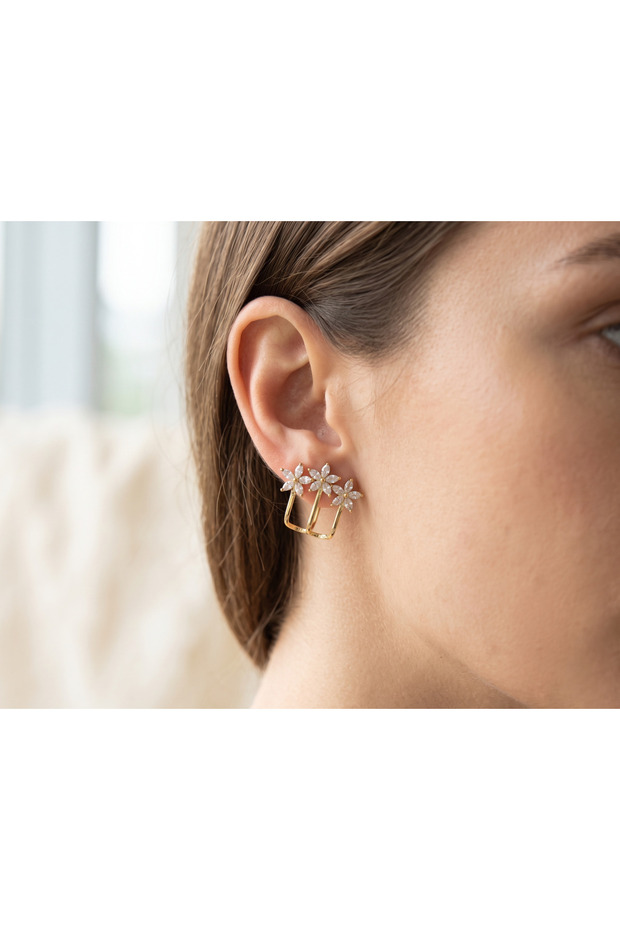 Women's Gold Color Zircon Stone Flower Model Earrings Pair