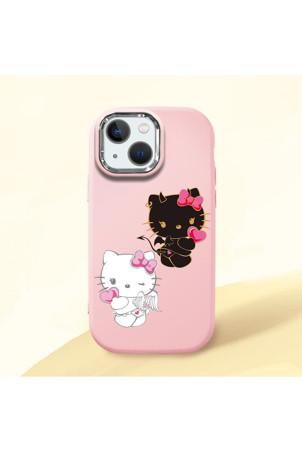 iPhone 13 Mini Compatible Case Camera Protector Pink Silicone Couple Phone Case with Kitty Pattern
