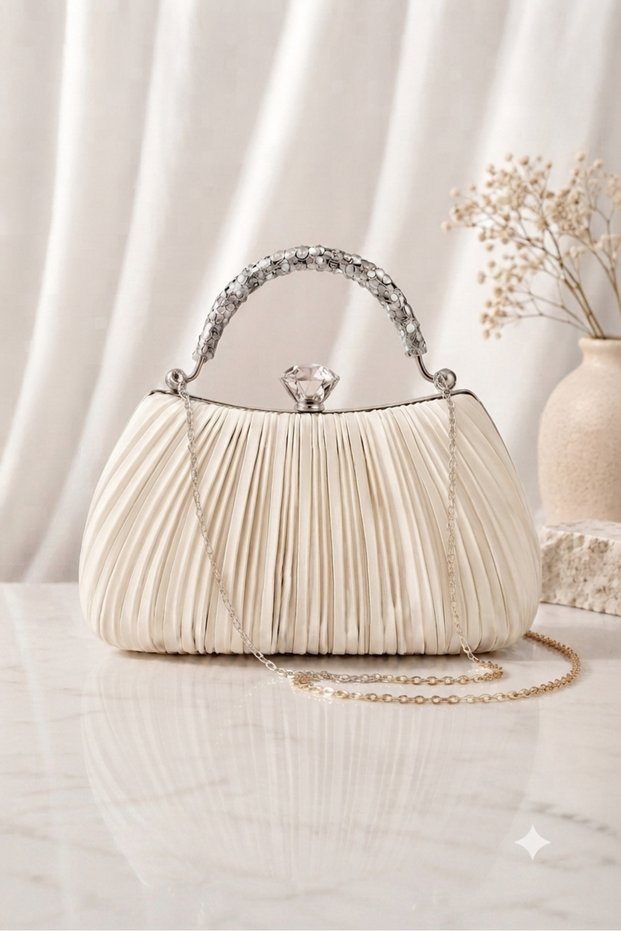 Pilseli/Pleated Bag Beige Satin Stone Handle Evening Dress Bag Handbag/Silver Evening Dress Bag